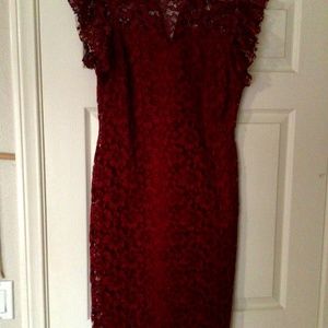 lace shift dress high neck red